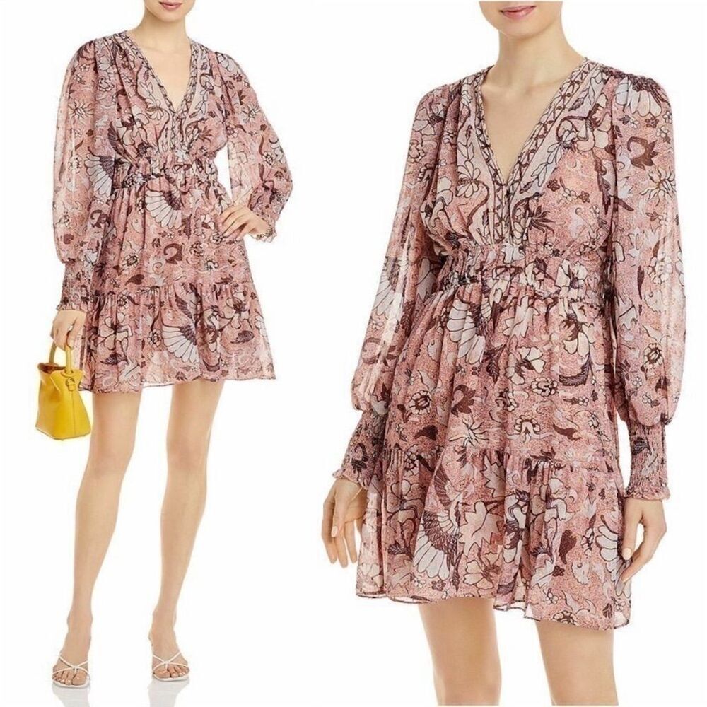 o.p.t Women's Floral Sheer Mini Dress V-Neck Long Sleeve Party M